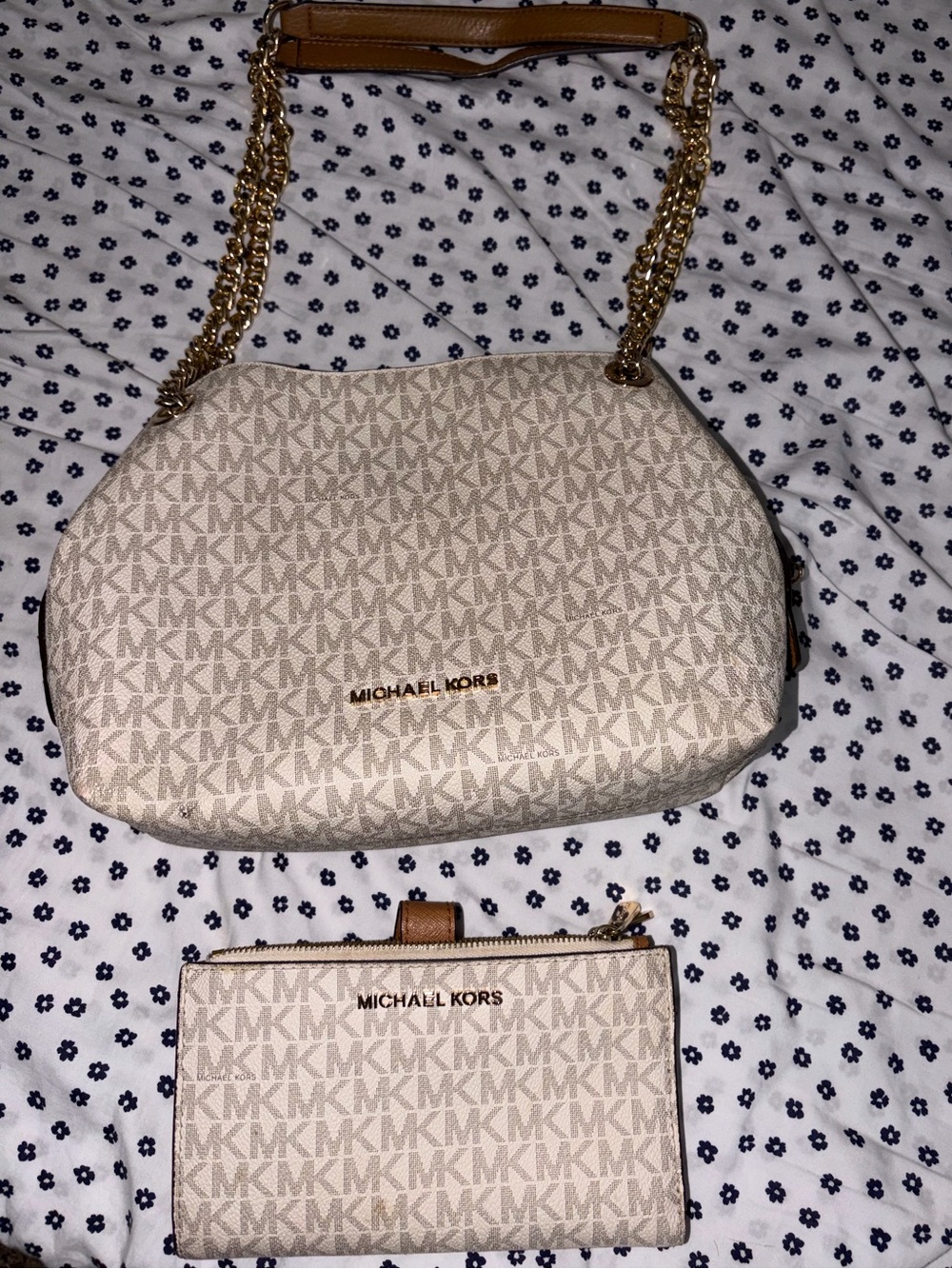 Michael Kors Cream/Tan MK Logo Shoulder Bag with Matching Wallet